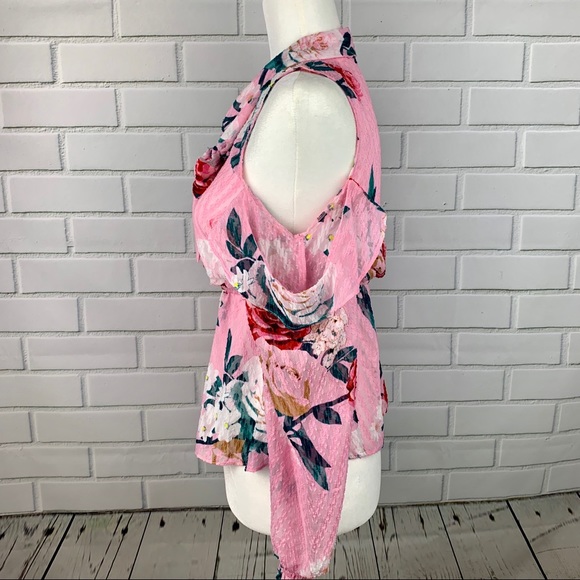 🔥GUESS🔥Chloe Cold-Shoulder Tie-Neck Ruffle Blouse Pink Floral Print XS NWT - Picture 3 of 4